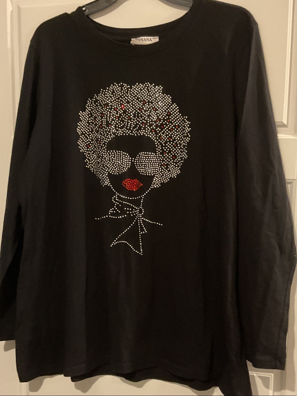 Nana Black Long-Sleeve Rhinestone Tee with Red Accent